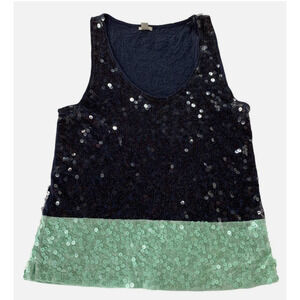 J Crew Shirt Womens Small Navy Green Sequins Silk Trim Tank Top Style 14302